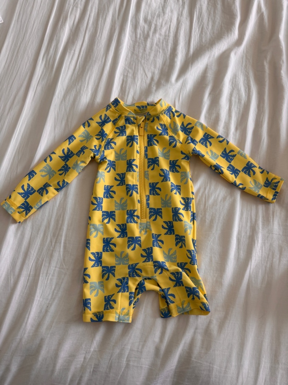 Old Navy yellow palm tree print swimsuit rashguard bodysuit size 6-12m